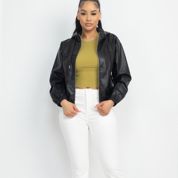 Faux Leather Hoodie Jacket - Picture 2 of 5